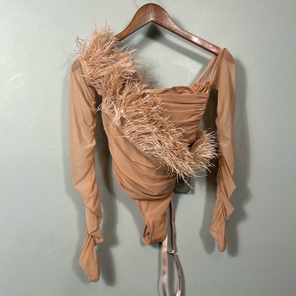 House of CB Faith Blush Feather Corset Bodysuit Off Shoulder Mesh Top size XS - Picture 7 of 15